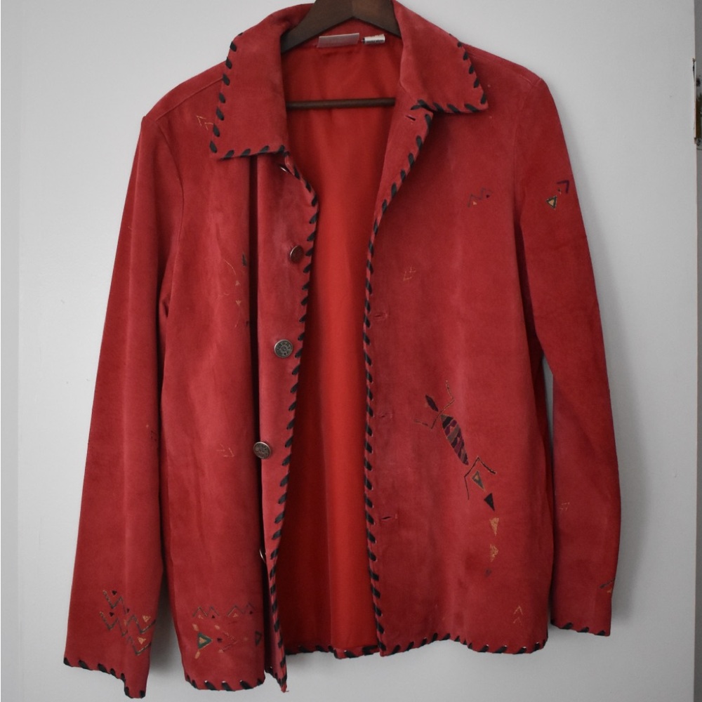 Vintage Chico's Red Leather-Lined Jacket with Printed Details